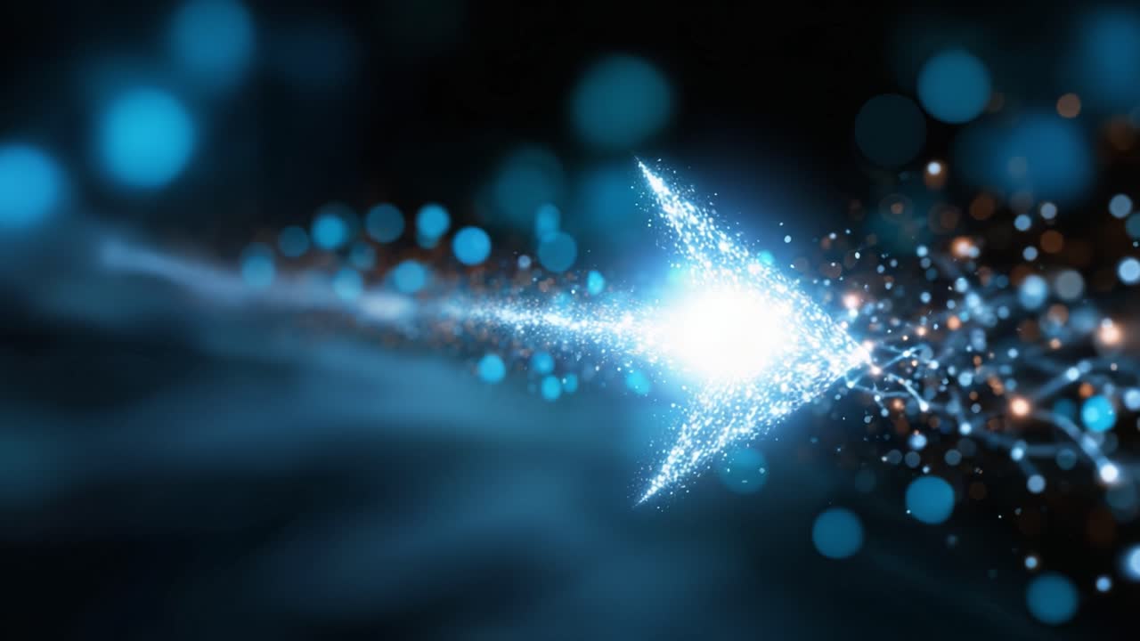 A vibrant, luminous arrow composed of sparkling particles, illustrating movement through a dark, ethereal space filled with shimmering light and colors