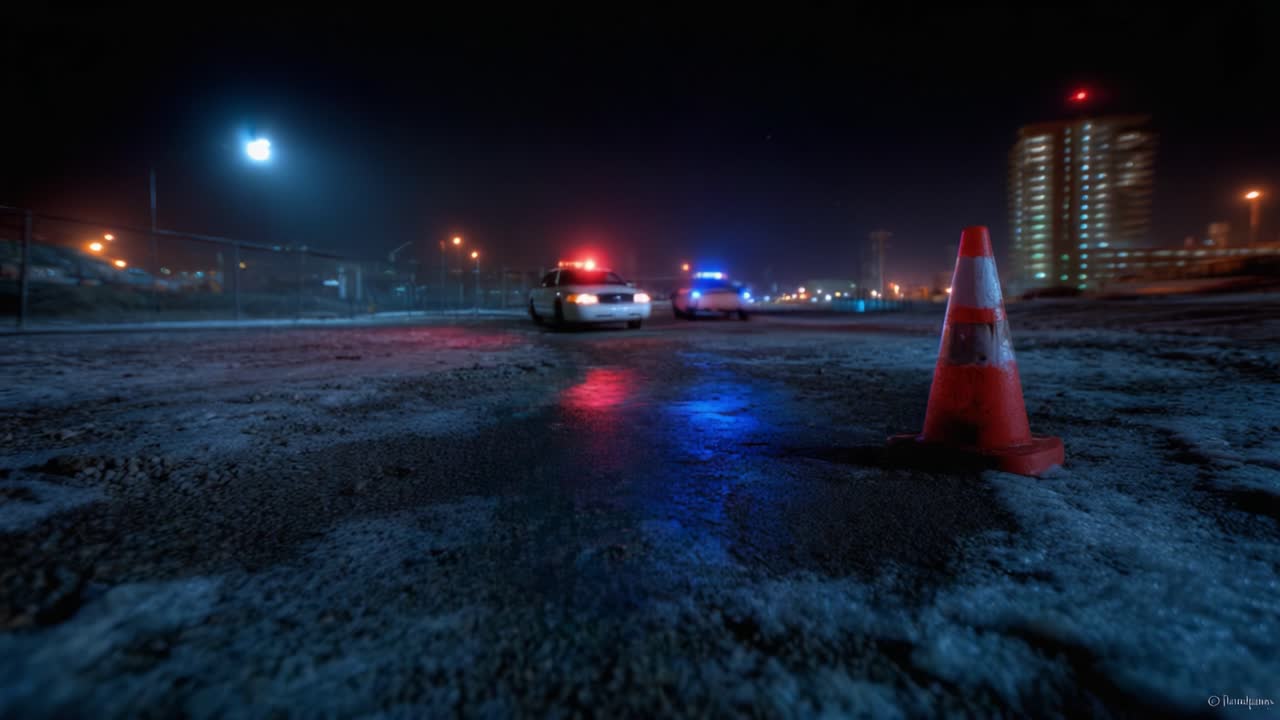 A Night Scene Featuring Emergency Police Vehicles and Traffic Cone on a Frosty Urban Street, Illuminated by Bright Lights in a Mysterious Atmosphere