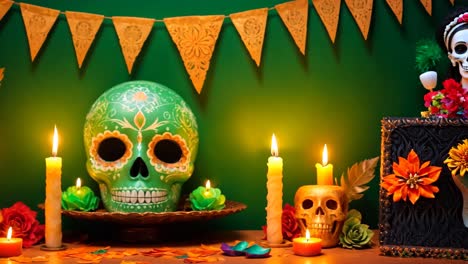 día del altar de los muertos con calaveras de azúcar y velas