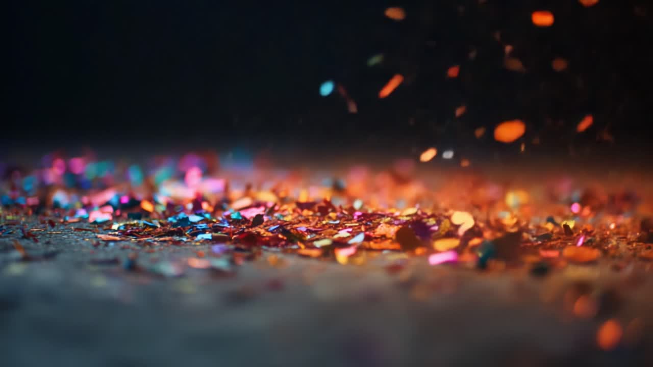 A Glimmering Display of Colorful Shimmering Glitter Particles Caught in Light, Creating a Dazzling Spectacle of Reflections and Sparkles on a Dark Surface