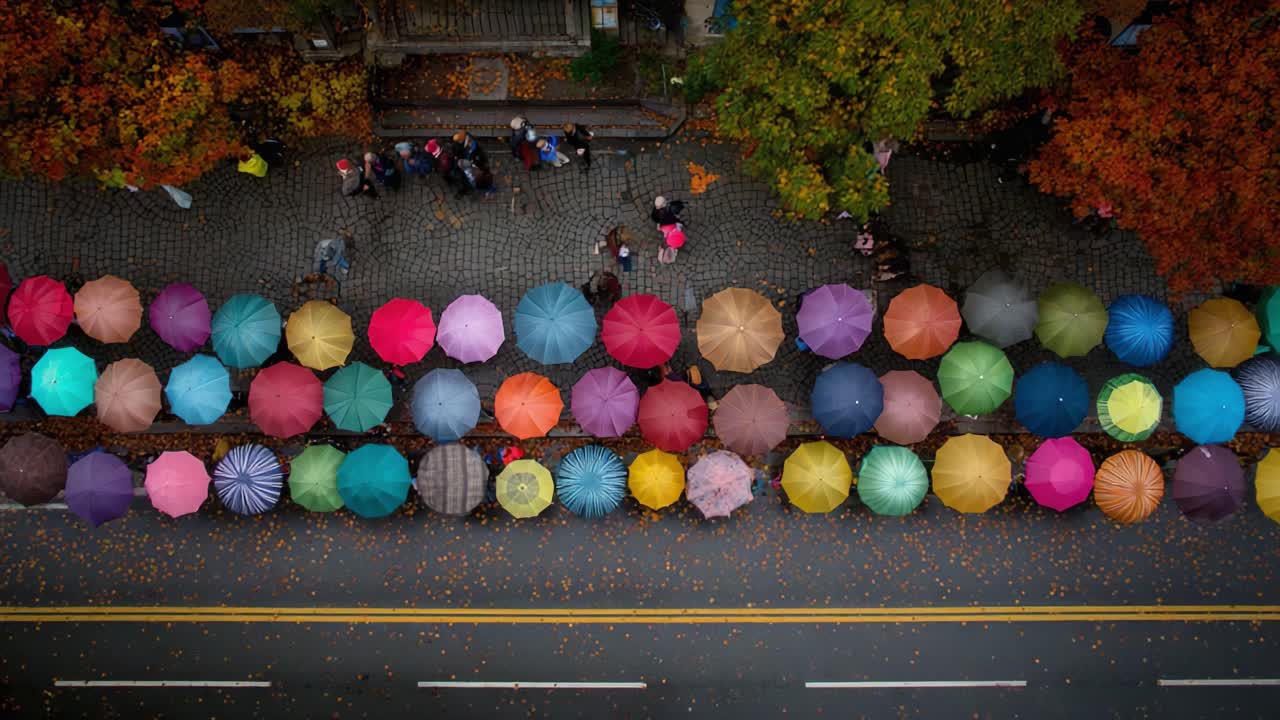 A Vibrant Display of Colorful Umbrellas Lining the Street Surrounded by Autumn Leaves, Showcasing a Scenic Overhead Perspective of the Festive Atmosphere