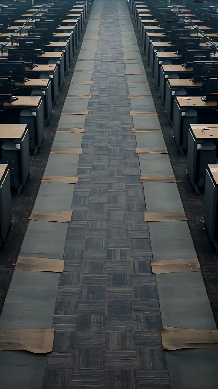 Vertical video: Gliding camera moving down central aisle in hall, showing scale, desks, floor mats