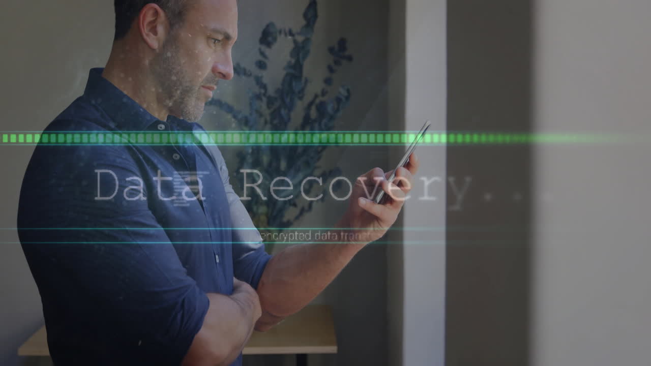 Man examining smartphone in home office, with animated data transfer graphics, green progress bars