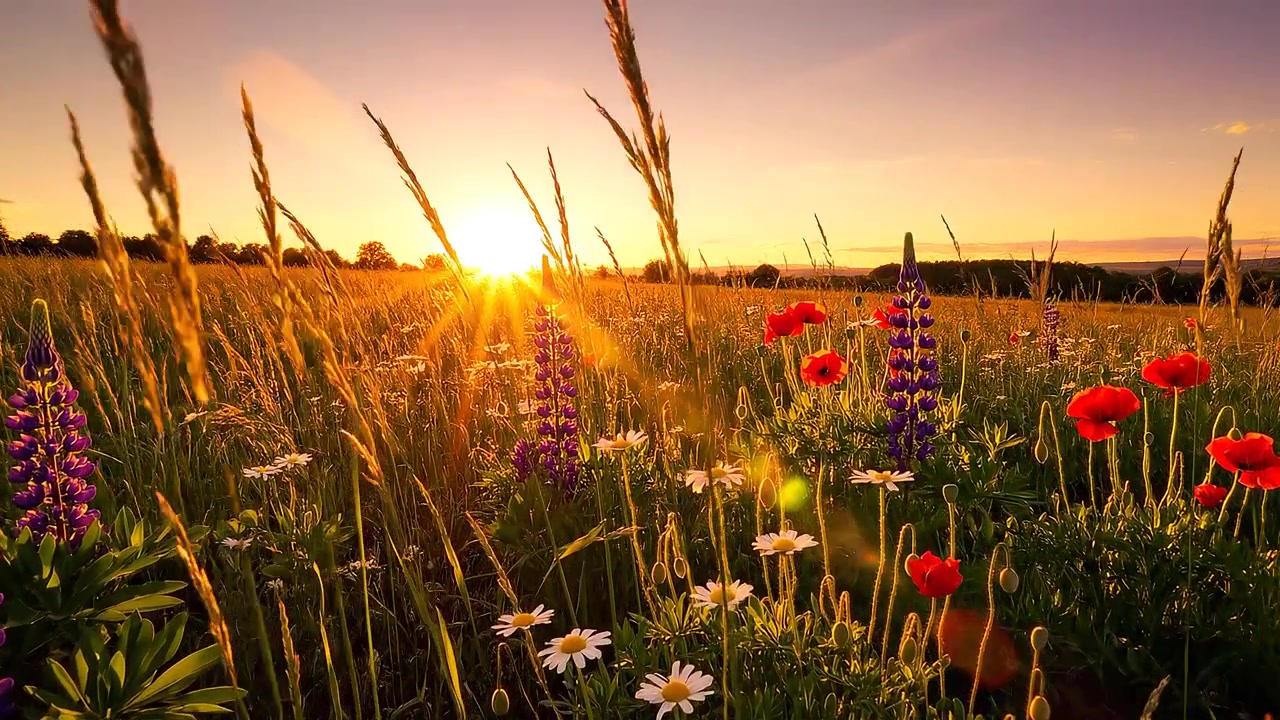 Campo de Flores Silvestres Deslumbrante ao Pôr do Sol com Brilho Dourado do Sol