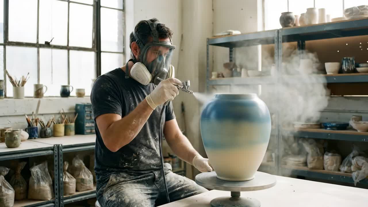 Artist Spray Painting a Vase