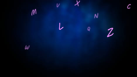 digital animation of multiple purple alphabets floating over glowing blue background