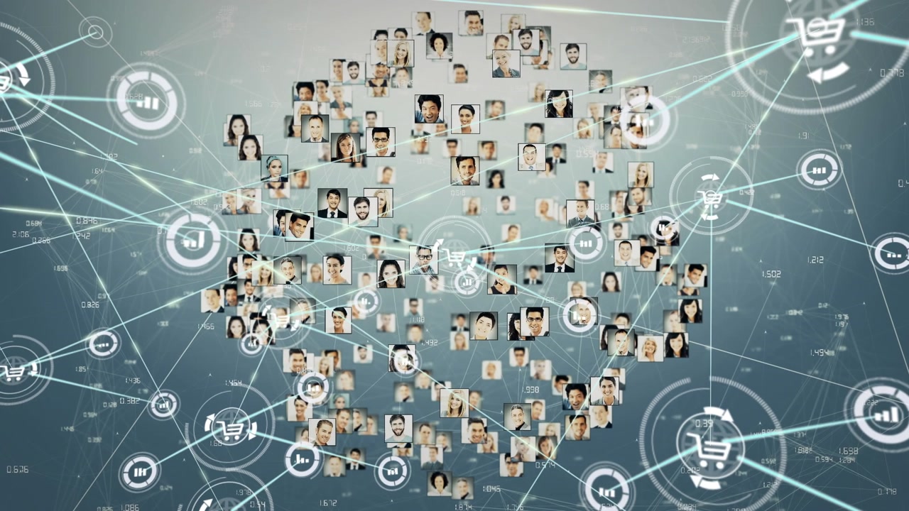 Animation of globe of network of connections with icons over people's photos
