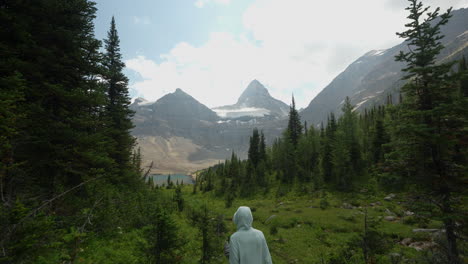 Female-Hiker-Walking-Down-Hiking-Trail-in-Beautiful-Green-American-Mountain-Landscape