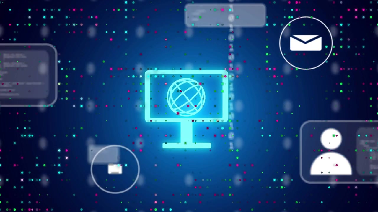 Cyan neon monitor fading in, causing UI cards sliding, mail icons appearing, representing data flow