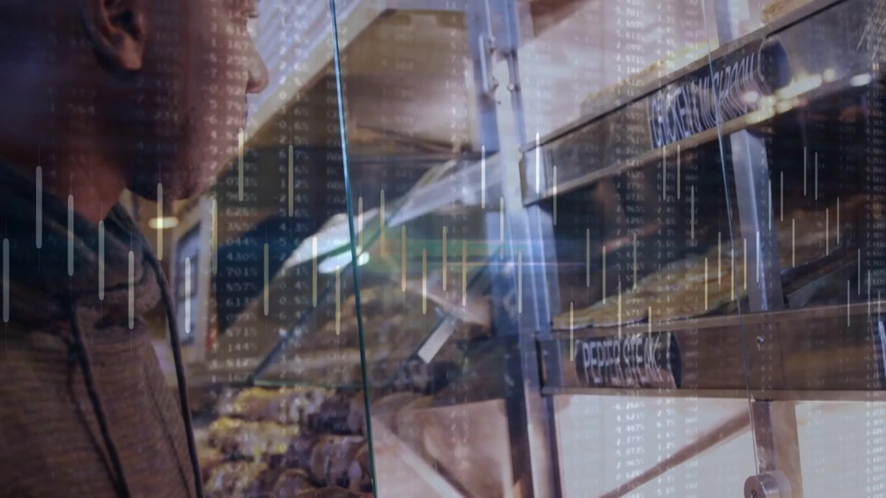 Man reaching glass knob, opening case, scanning bakery trays, choosing items while data overlaying