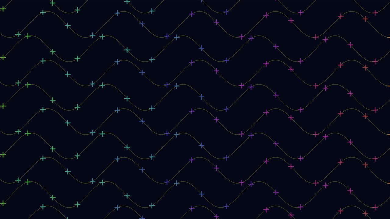 Zigzagging colored dots atop black and white wave pattern