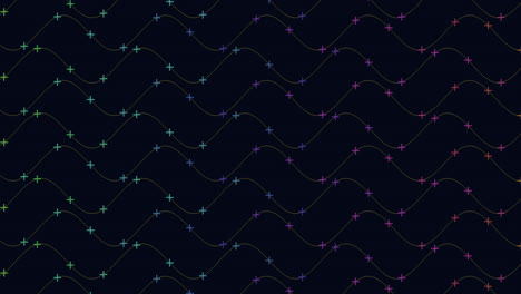 zigzagging colored dots atop black and white wave pattern
