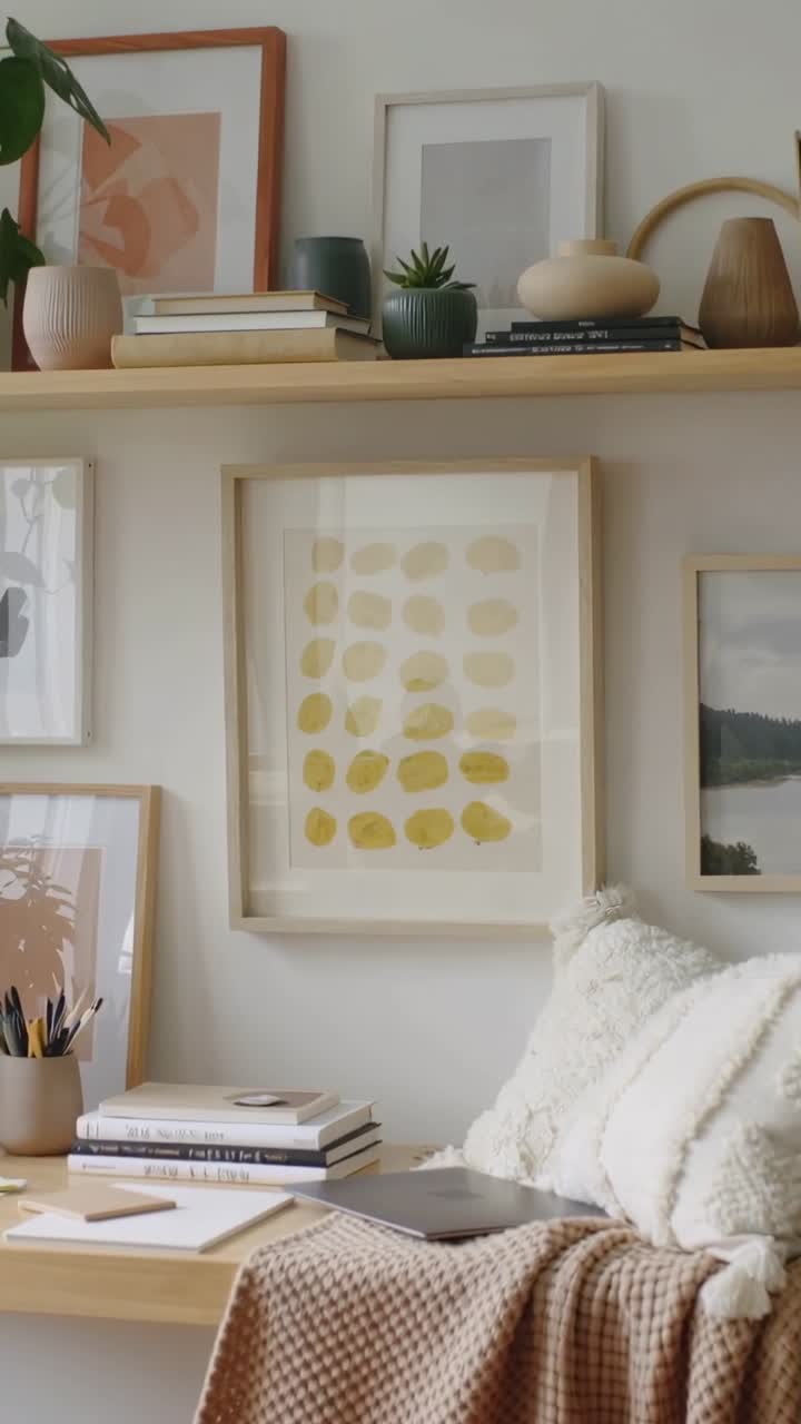 Video vertical: Cámara inclinándose que revela un cuadro amarillo encima de un escritorio en casa, mostrando libros y una planta.