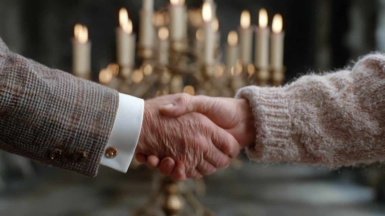 A Warm Gesture of Unity: Two Hands Shake Firmly Amidst the Glow of Candlelight, Symbolizing Trust, Commitment, and Harmony in a Timeless Setting