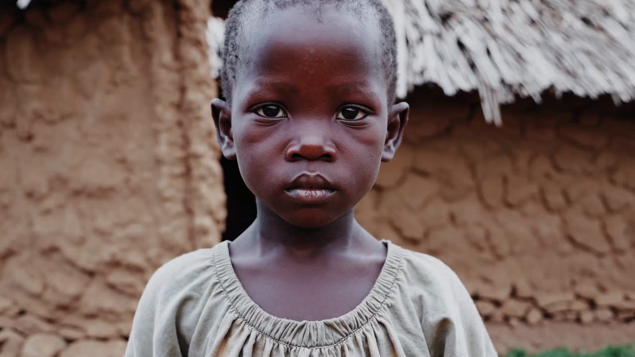 Somber young African child standing motionless in front of weathered ...