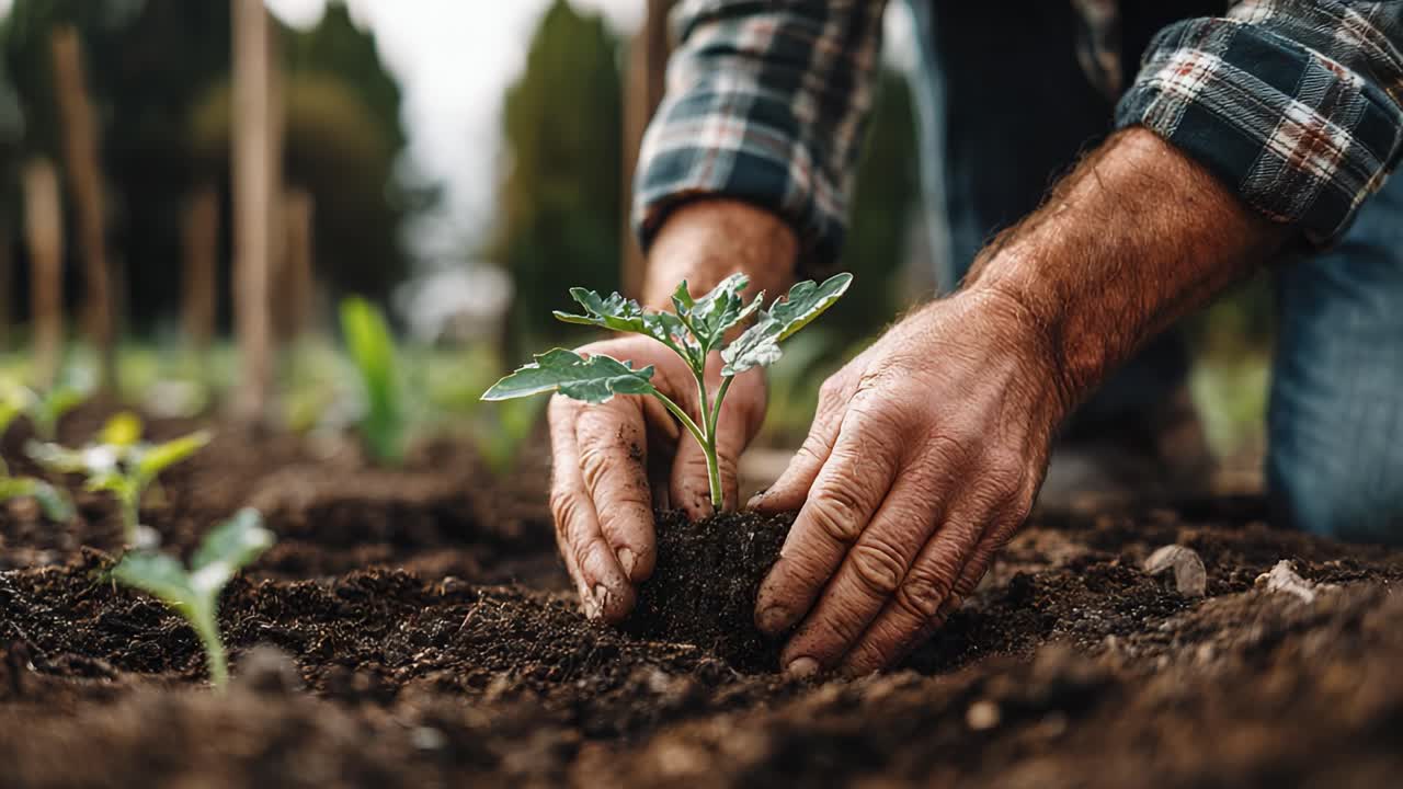 Um jardineiro cultiva uma nova vida ao plantar uma muda jovem em solo fértil, nutrindo o crescimento em um cenário agrícola vibrante sob um céu limpo