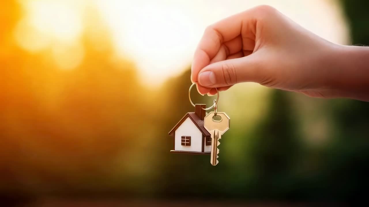 Close-up video shot of a hand holding a house keychain against a blurred sunset background