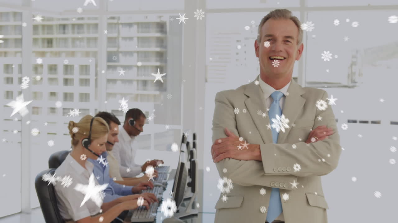 헤드폰 세트를 사용하는 다양한 그룹의 사람들 위에 내리는 눈의 애니메이션