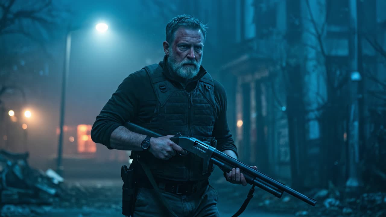 A solitary figure navigates a desolate, blue-tinted urban landscape, clutching a firearm, embodying themes of struggle and survival amidst an eerie, post-apocalyptic world