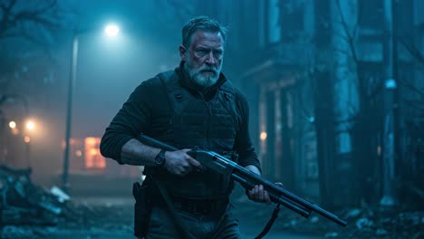 a solitary figure navigates a desolate, blue-tinted urban landscape, clutching a firearm, embodying themes of struggle and survival amidst an eerie, post-apocalyptic world
