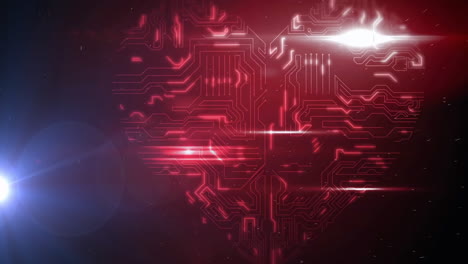 Animation of light trails data processing over circuit board heart on black background