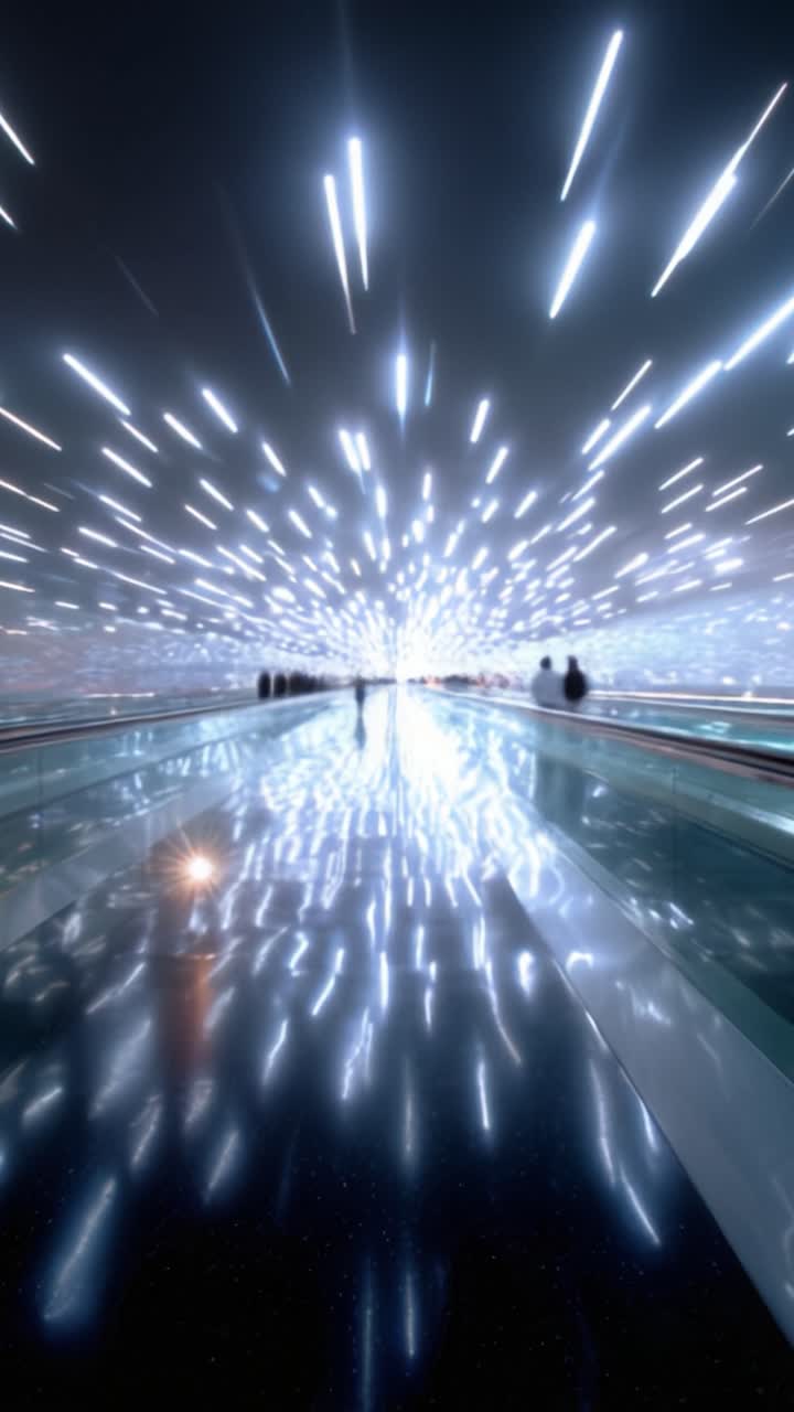 Dynamic Exploration of Light and Motion in a Futuristic Space with People Walking Through an Illumined Path, Captured in Stunning Clarity and Vibrant Atmosphere