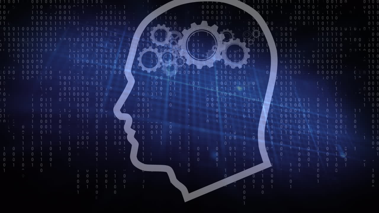 animación de la cabeza humana con engranajes sobre codificación binaria y cardiógrafo