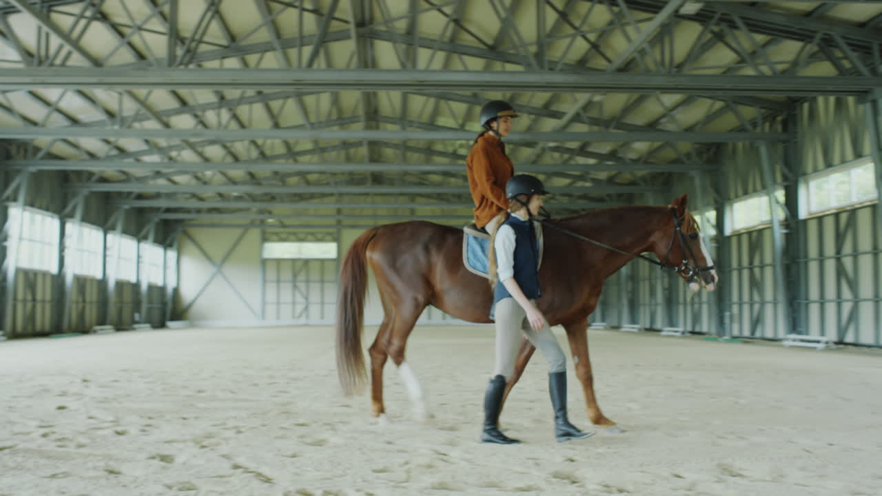 People and a horse training in an indoor riding arena