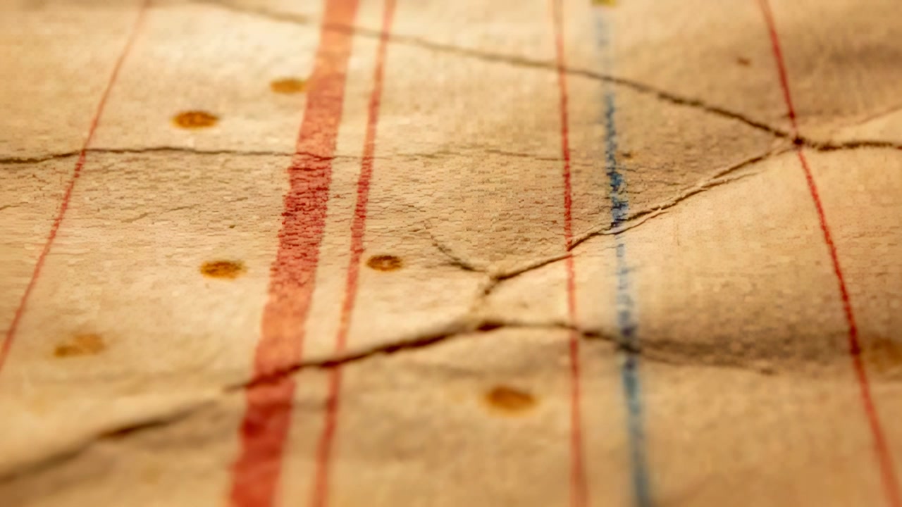 Pulling focus, camera revealing worn notebook paper sheet on desk, highlighting fibers and creases