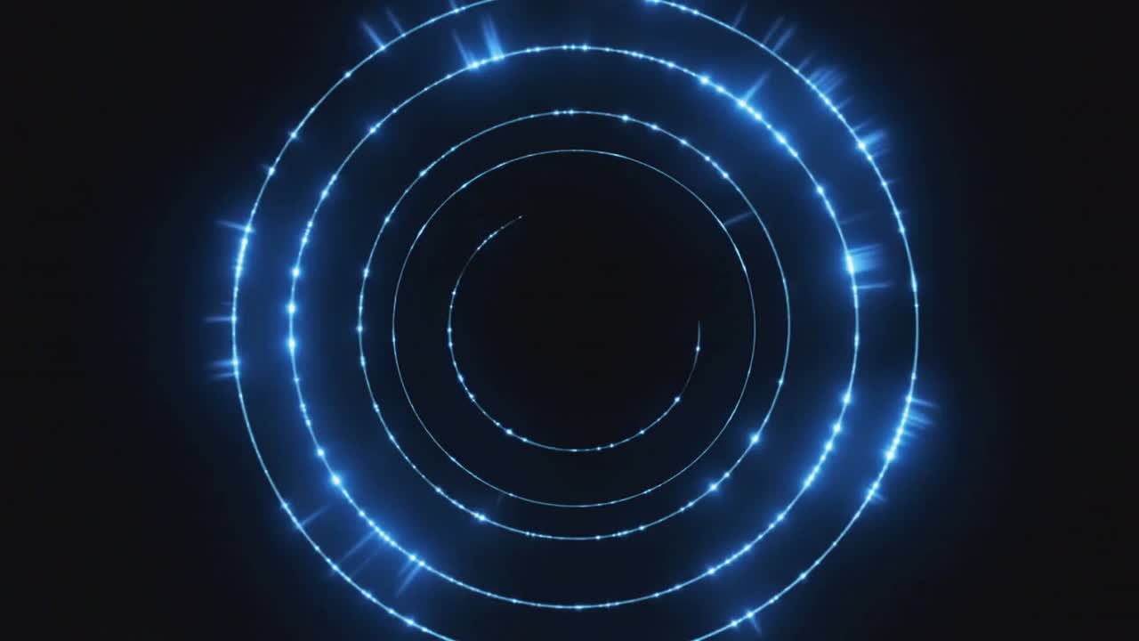 Pulsing nested glowing blue rings spiking in dark digital void during frames moving, forming portal