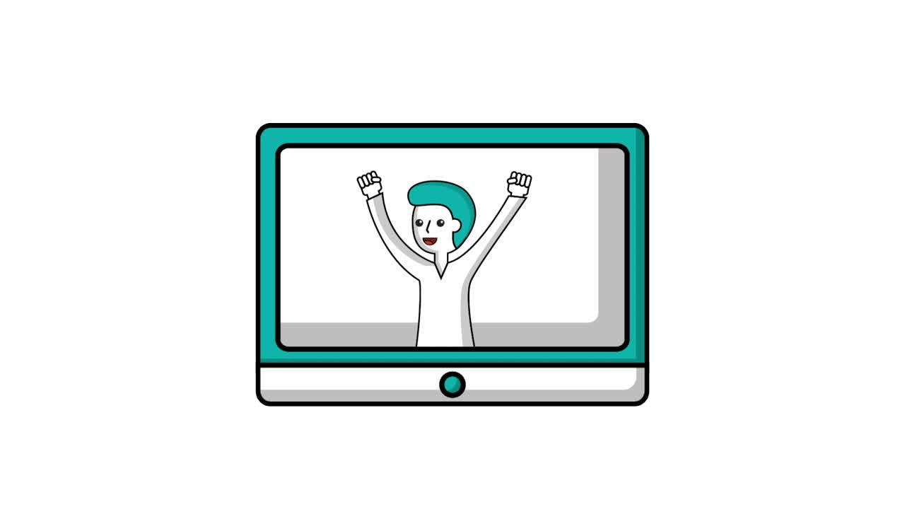 happy man talking and hands up on screen device