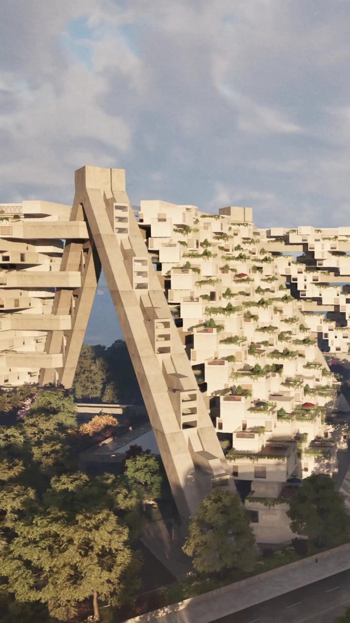 Design de edifício moderno com plantas e estrutura única em área urbana.