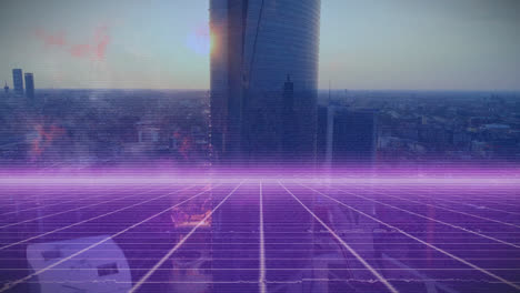 animación de interferencias y formas de neón sobre el paisaje urbano