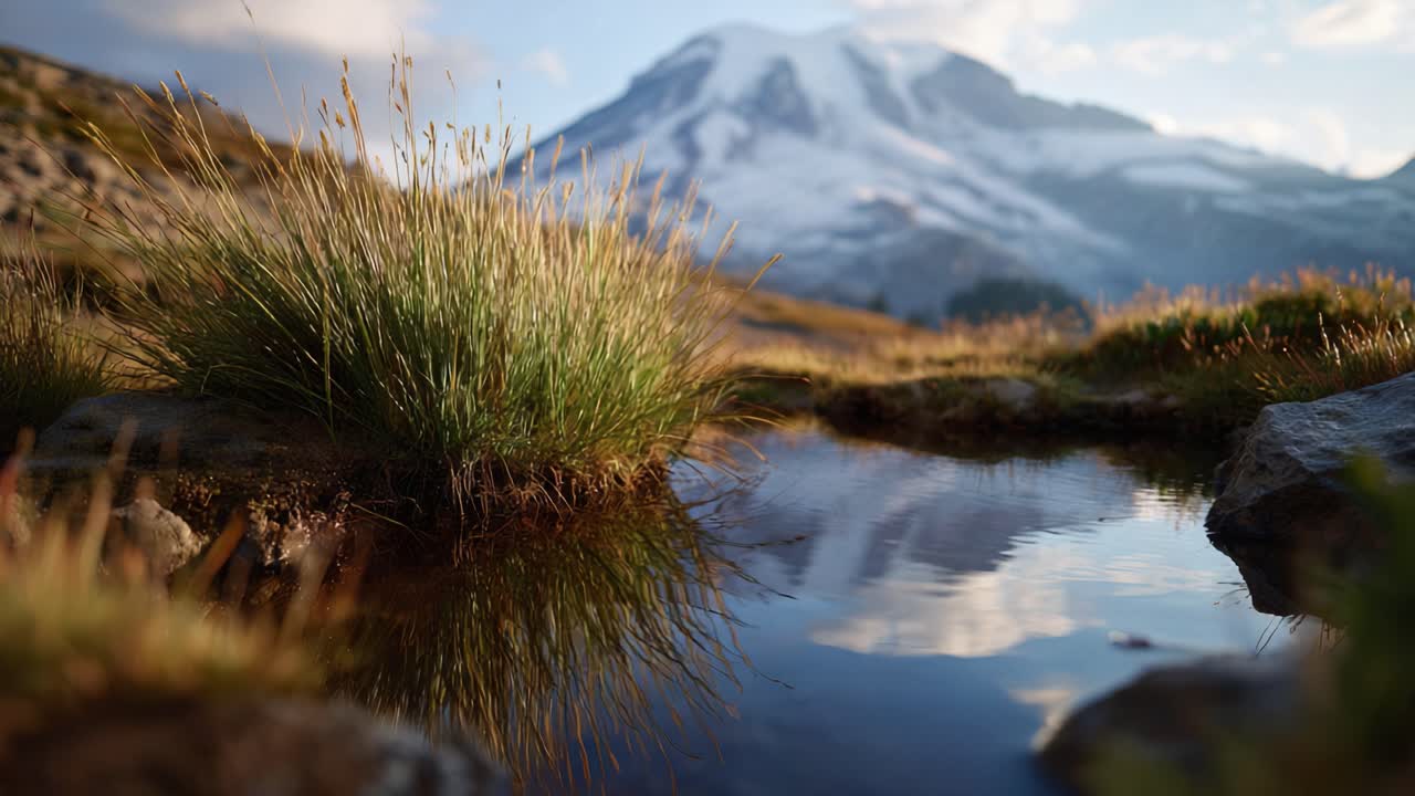 Fridfullt bergslandskap med spegelbild i lugnt vatten, omgivet av frodigt grönt gräs och steniga utsprång under en vacker himmel