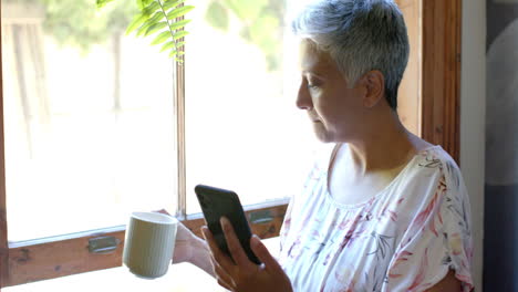 Reflexiva-Mujer-Birracial-Mayor-Bebiendo-Té-Y-Usando-Un-Teléfono-Inteligente-En-La-Ventana-De-Casa,-Cámara-Lenta