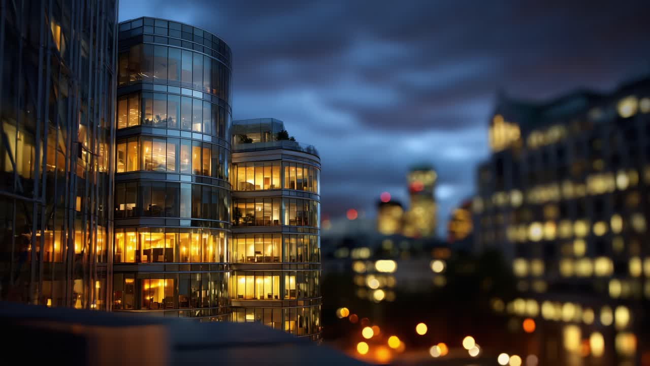 Uma paisagem noturna deslumbrante de arquitetura moderna: torres de vidro iluminadas em um horizonte da cidade, capturando a essência da vida urbana após o pôr do sol