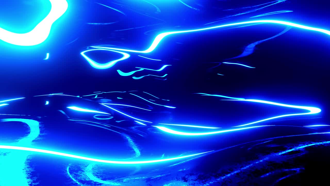 구부러진 표면: 푸른 네온 패턴으로 거울 터널을 통과, 빛나는 구조, sf 패턴, 밝은 반사 네온 빛, 간단한 밝은 배경, sf 구조, 4k 거의 루프 bg.