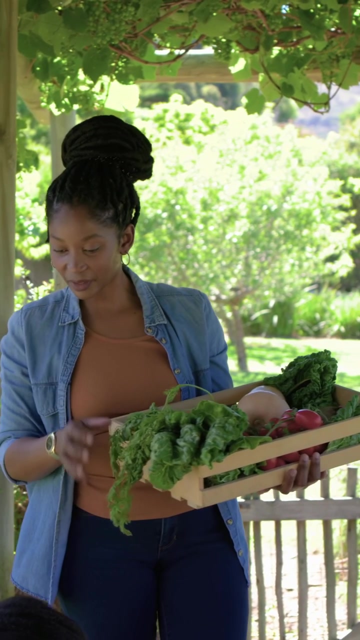 Vertical video: Adult in denim handing crate, guiding youth picking greens at garden bed, teaching
