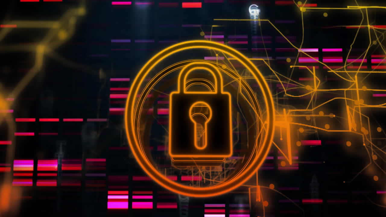 Animation of padlock icon with data processing over dark background