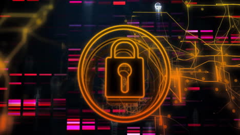 animation of padlock icon with data processing over dark background