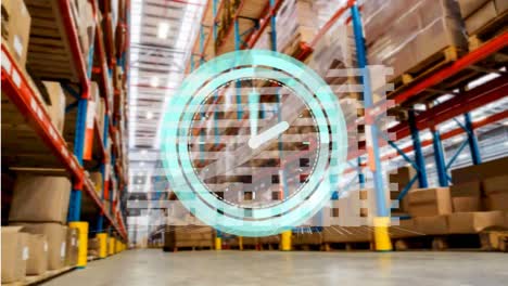 animation of clock and statistics processing over shelves in warehouse