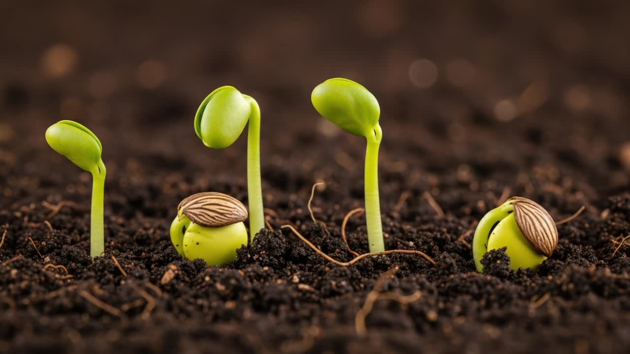 The Transformative Journey of Germination: A Close-Up Look at Young Seedlings Emerging from Rich, Dark Soil Showing Nature’s Resilience and Growth