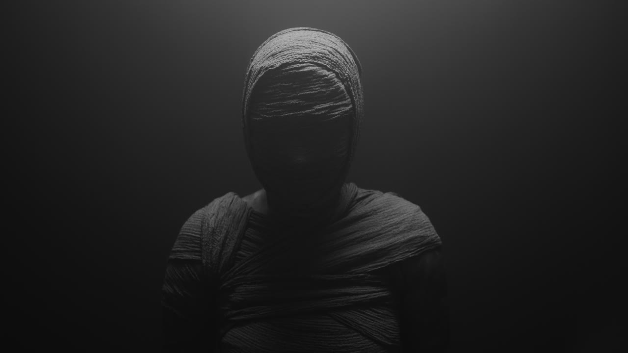 A mummy of a woman on a dark backdrop slowly rises her head