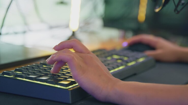 Close Up Of Female Gamer Using Computer Keyboard And Mouse For Live Stream