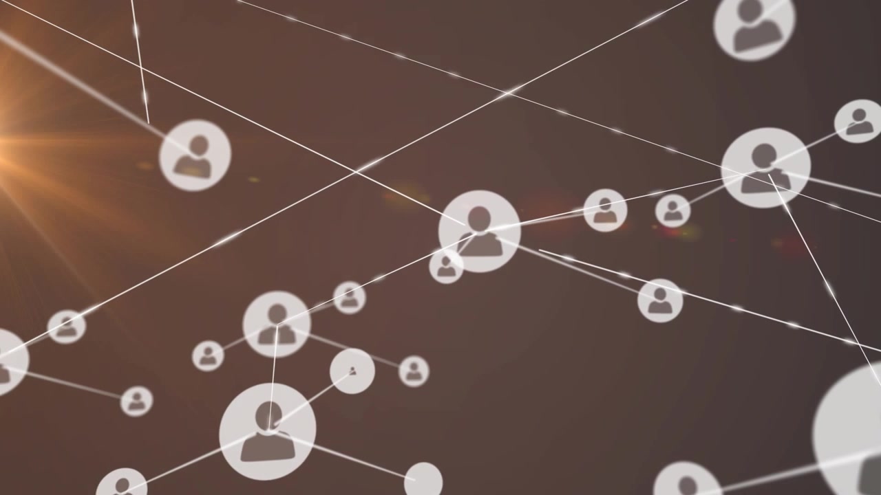 Animation of network of digital icons over light spot against brown background