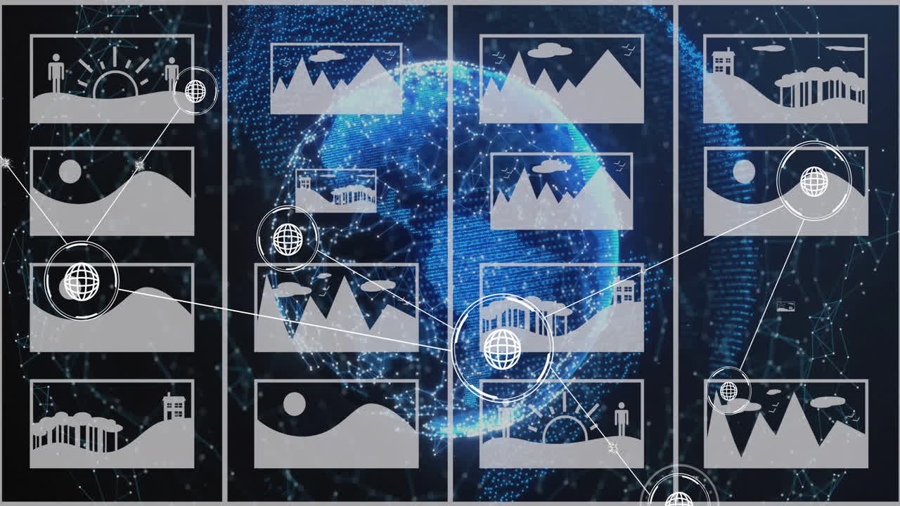 지구와 연결 네트워크의 애니메이션을 아이콘과 함께 ai 데이터로