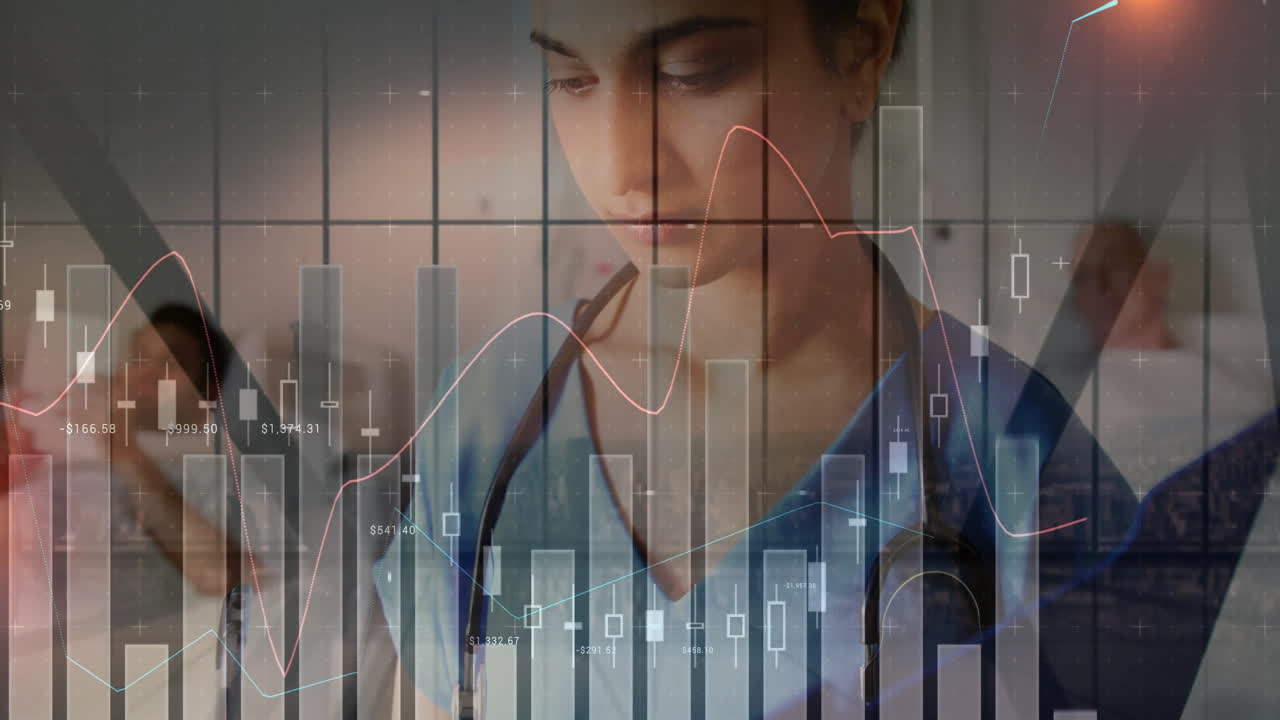 Analyzing financial data animation over healthcare professional in medical setting