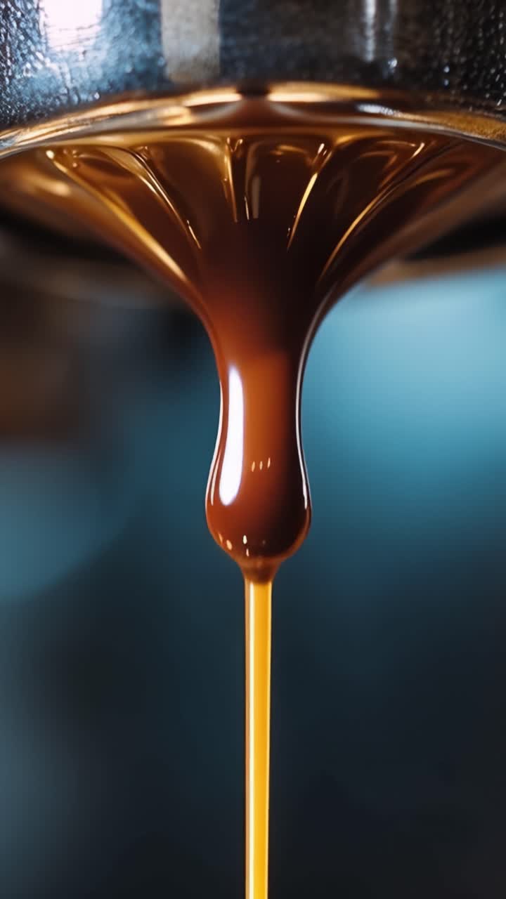 Primo piano accattivante di cioccolato liquido che cola da una macchina da caffè professionale, evidenziando la ricca texture e la finitura lucida della deliziosa prelibatezza.