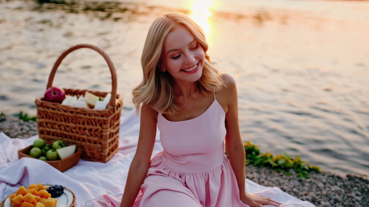 Romantic Sunset Picnic with Couple Toasting Wine