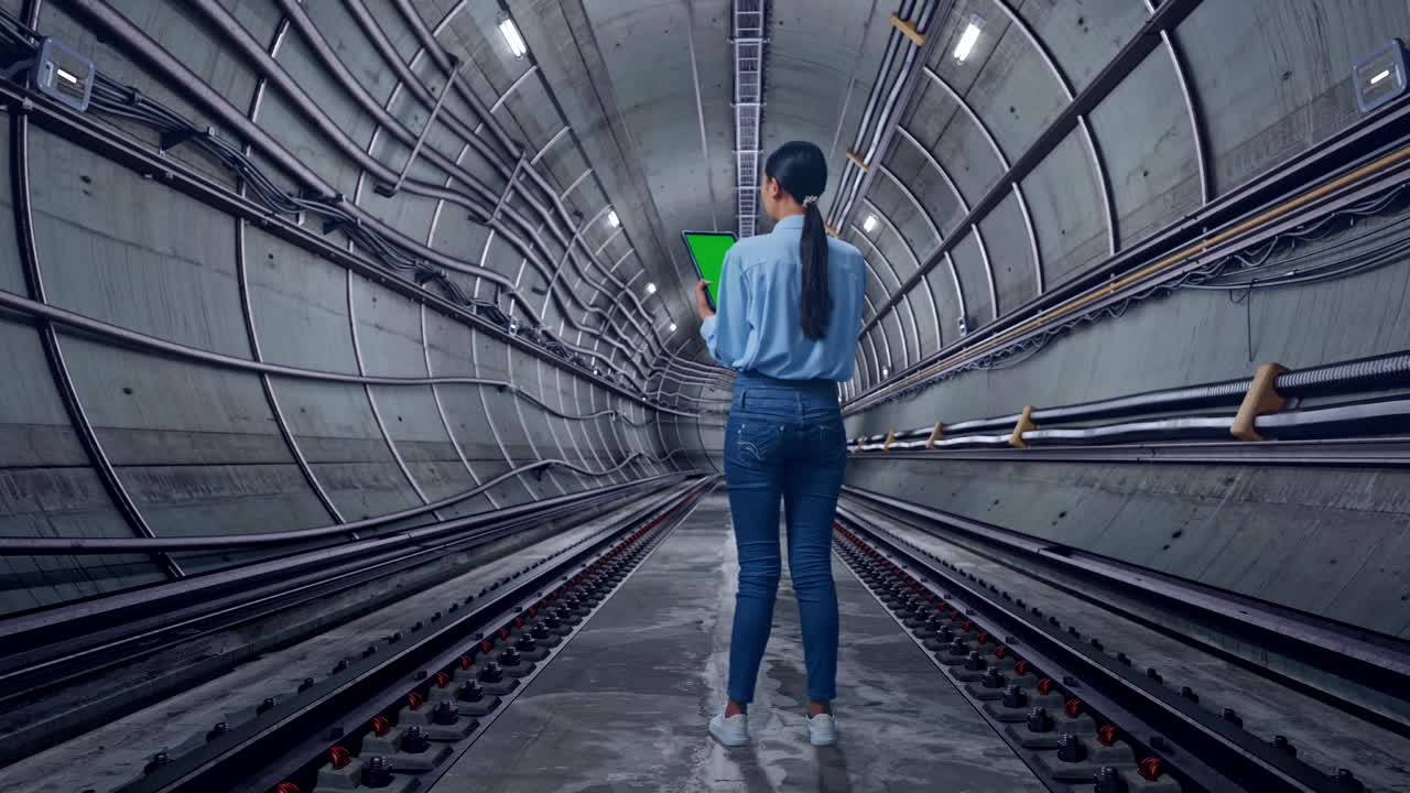 Full Body Back View Of Asian Female With Green Screen Tablet In Underground Subway Tunnel, Industrial Facility